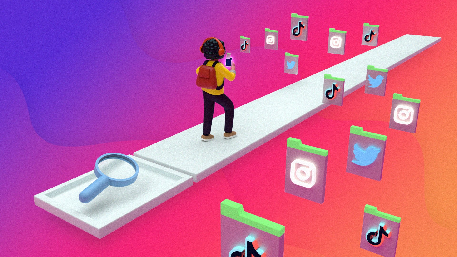 A person walking down a search bar surrounded by social media logos. 