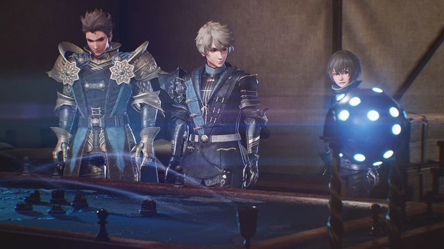 The heroes of The DioField Chronicle look over a tactical map lit by a glowing orb
