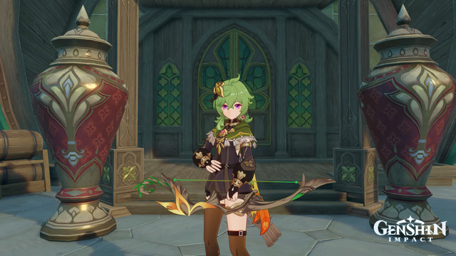Collei holding King’s Squire bow, new craftable weapon in Genshin Impact Sumeru update. Green haired girl holding bow in front of two very large vases.