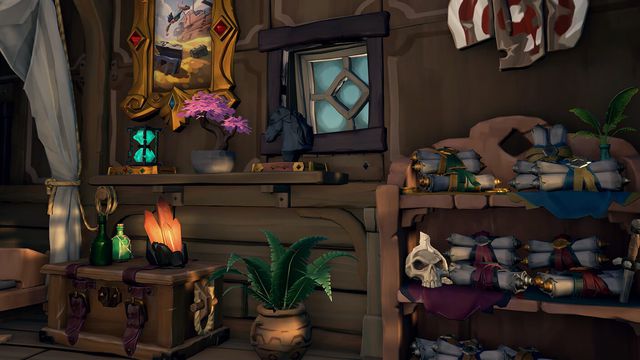 Sea of Thieves - A player’s pirate cabin, decorated to meet their tastes with various trinkets
