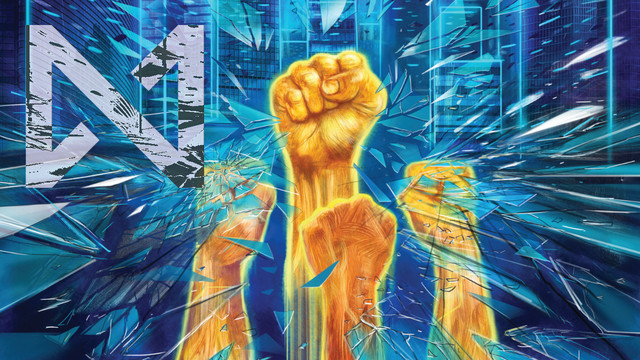 Four yellow-red fists raised, shattering glass. Outlines or corporate skyscrapers loom in the background.