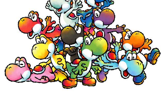 A gaggle of cartoon Yoshis of different colors