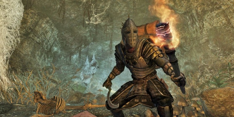 Skyrim: Special Edition mods - A torch-wielding adventurer explores a cave beneath the modder-created land of Enderal.