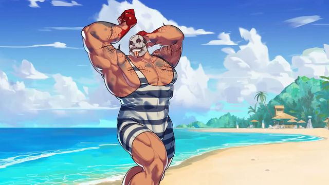 Hooked on You: A Dead by Daylight Dating Sim - The Trapper, a built masked man in an old school bathing suit and an intimidating mask, poses on a beautiful beach.