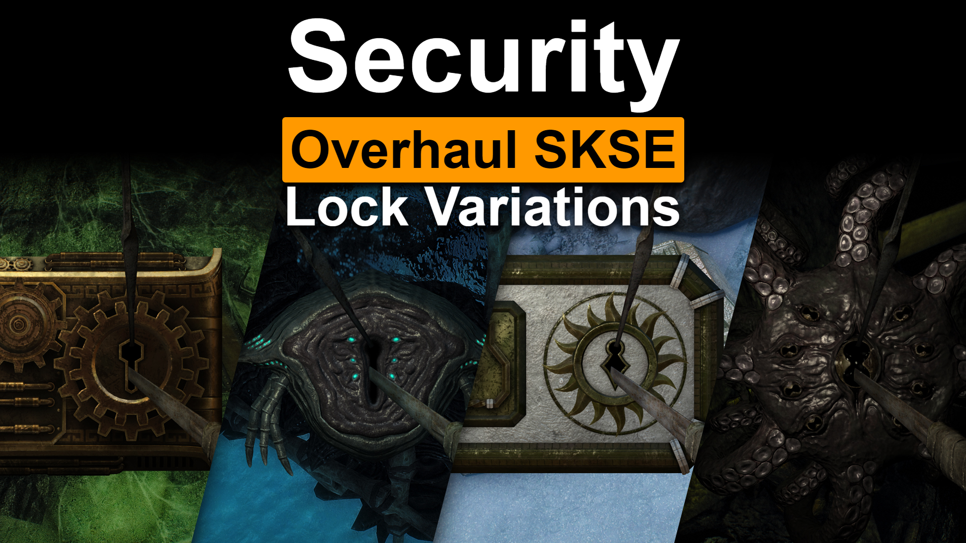 Skyrim: Special Edition mods - Screenshots of a collection of the various lock appearances added by the Security Overhaul mod.
