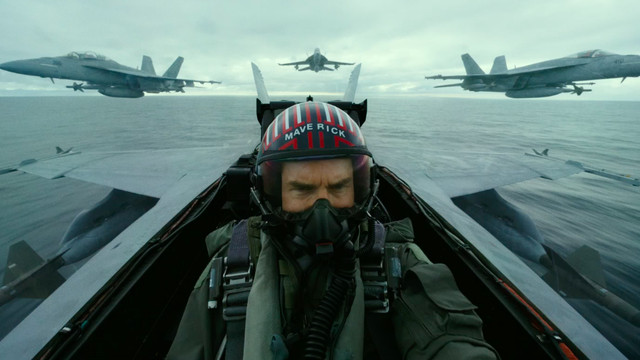 Tom Cruise as Maverick in the cockpit of a fighter jet in Top Gun: Maverick