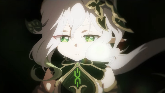 An image of an unnamed character in Genshin Impact staring into a glowing orb. They have long white hair and wear ornate green clothes. They look a lot like a fairy because of their small size. 