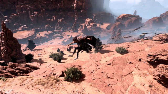 Frey jumps through a desert wasteland using magic parkour in Forspoken