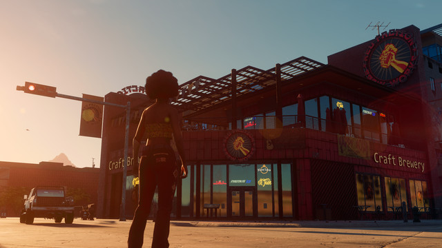 A character looks at the Red Faction Brew Works craft beer brewery in a still from Saints Row (2022).