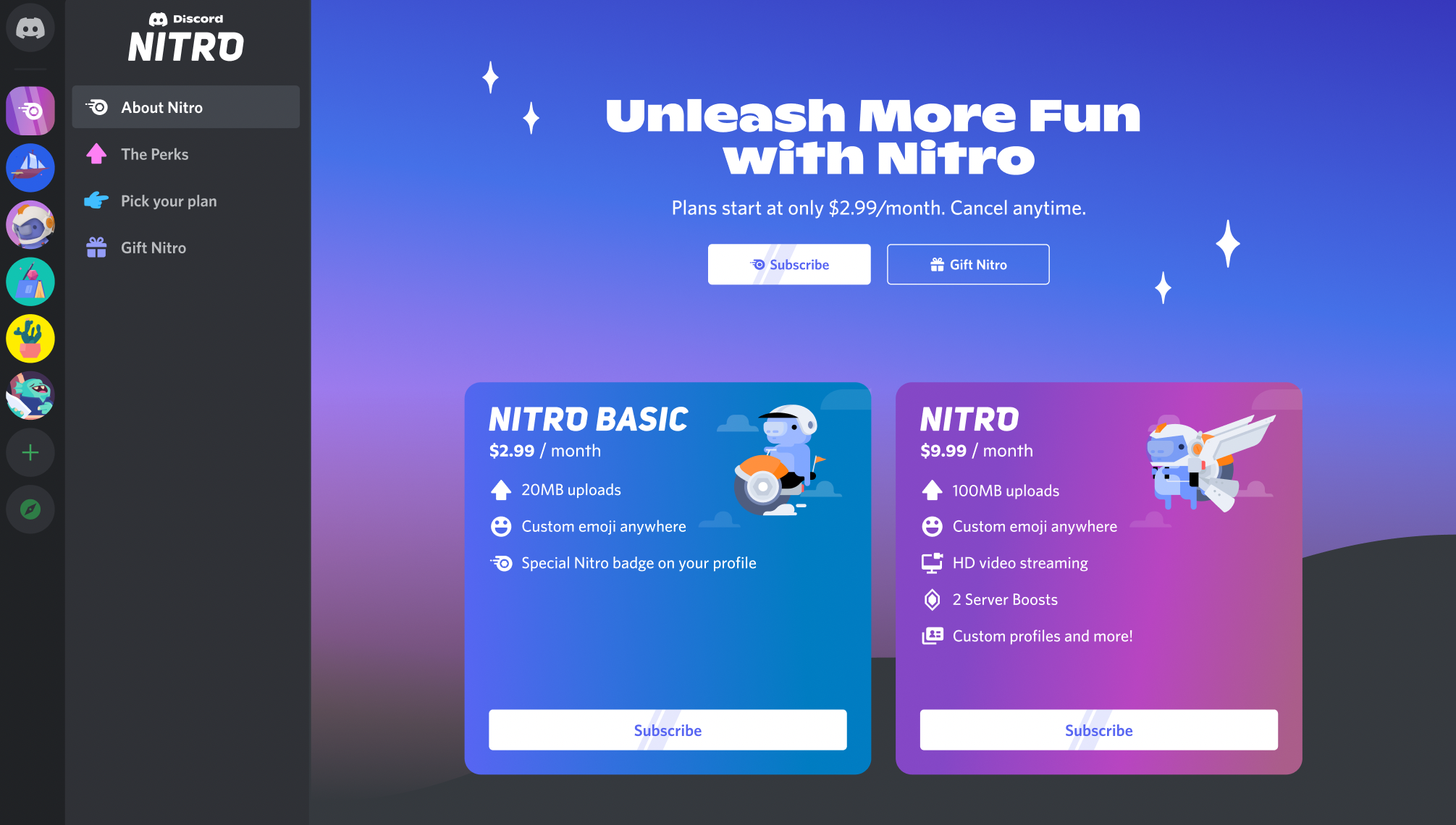 Discord Nitro and Discord basic plans shown side-by-side with pricing and perks for each.