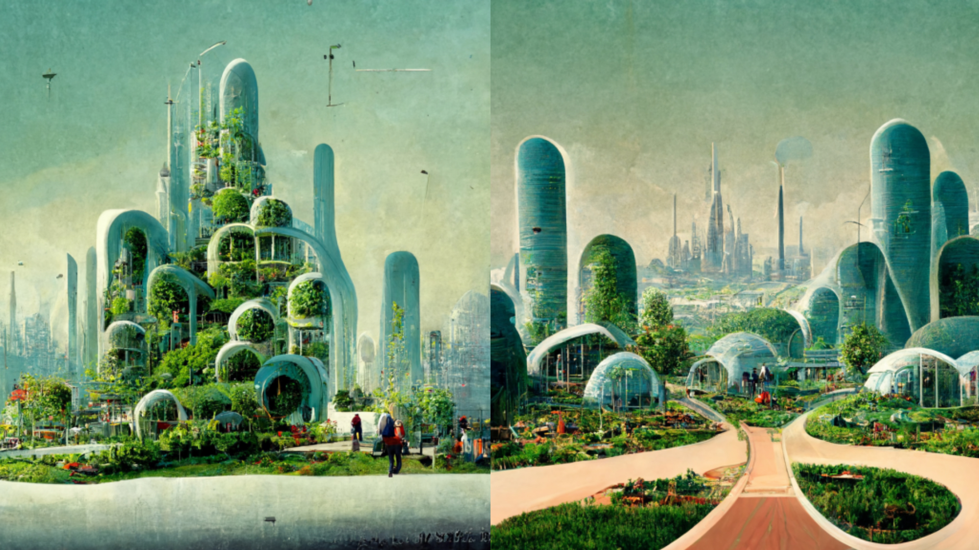 Midjourney AI image generator's prediction of the 'garden cities of the future.'