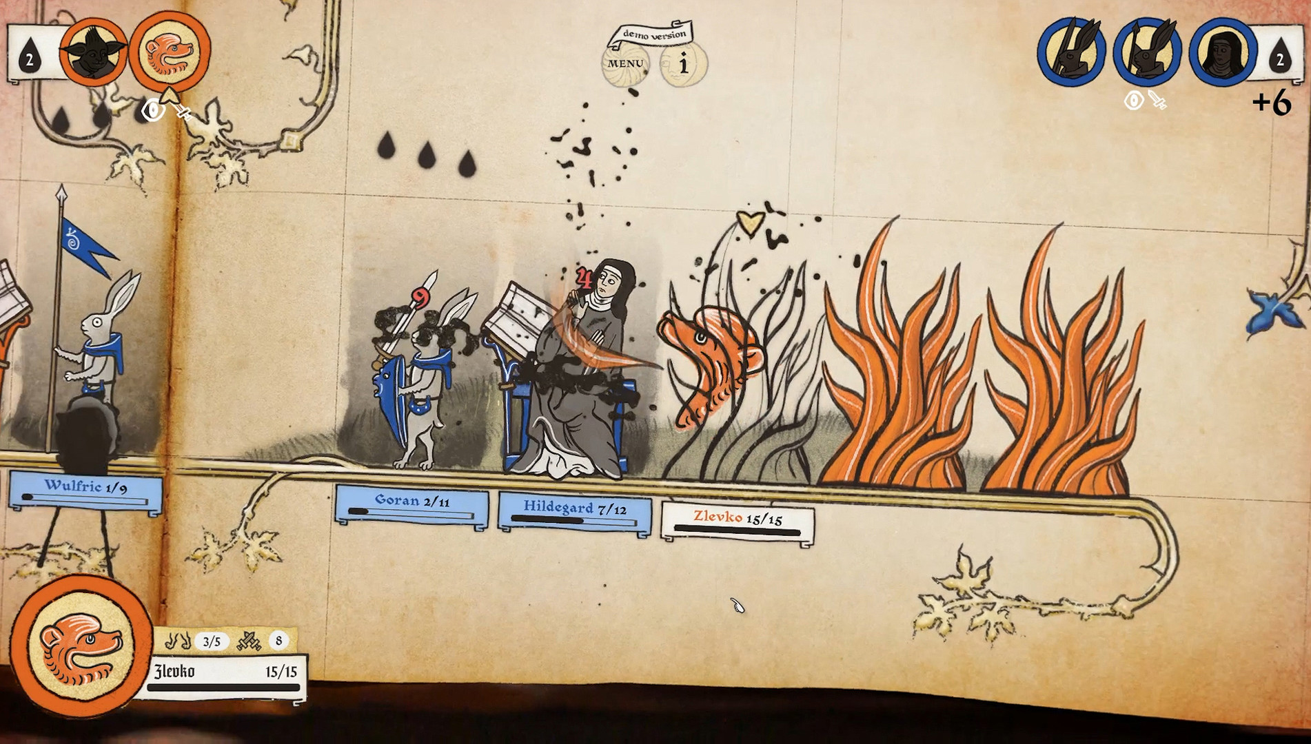Image of medieval marginalia creatures battling in game Inkulinati. They are illustrated in a style like an illuminated manuscript.