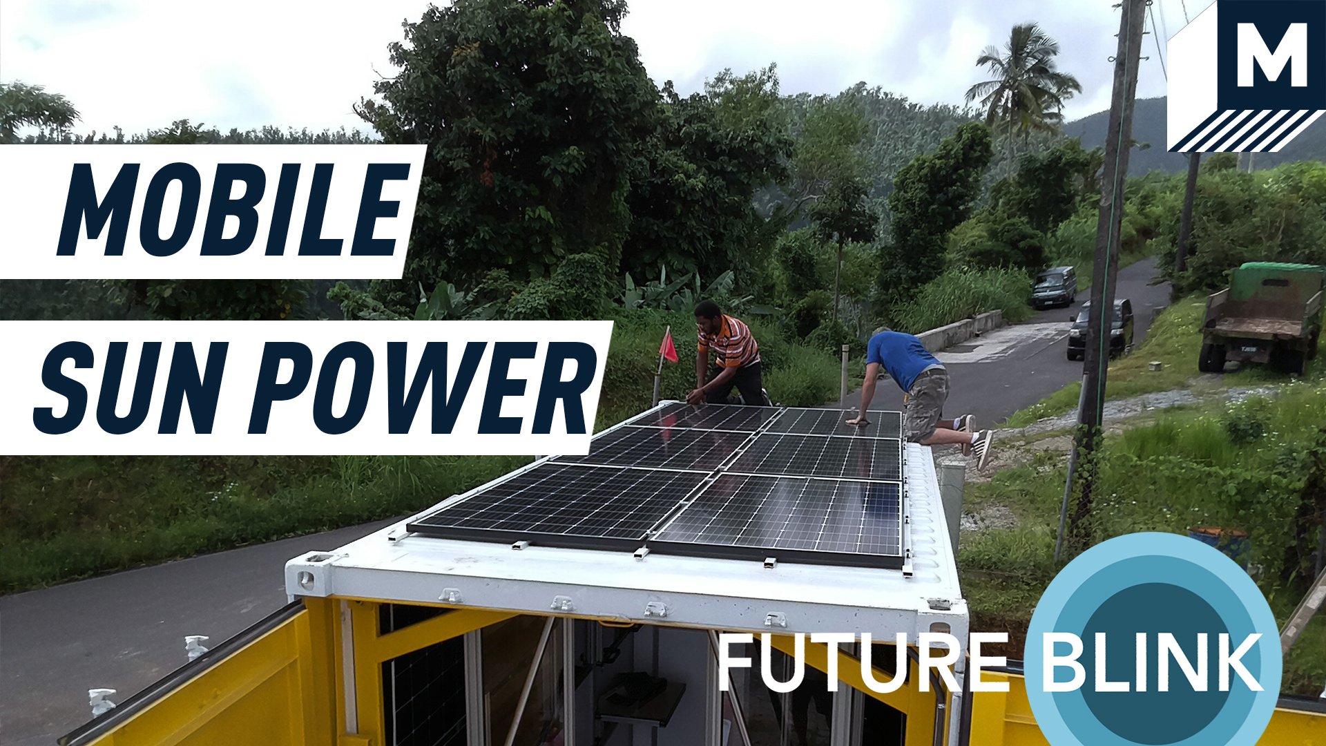 A mobile nanogrid with solar panels on the rooftop has stopped on a road near a forest. Caption reads