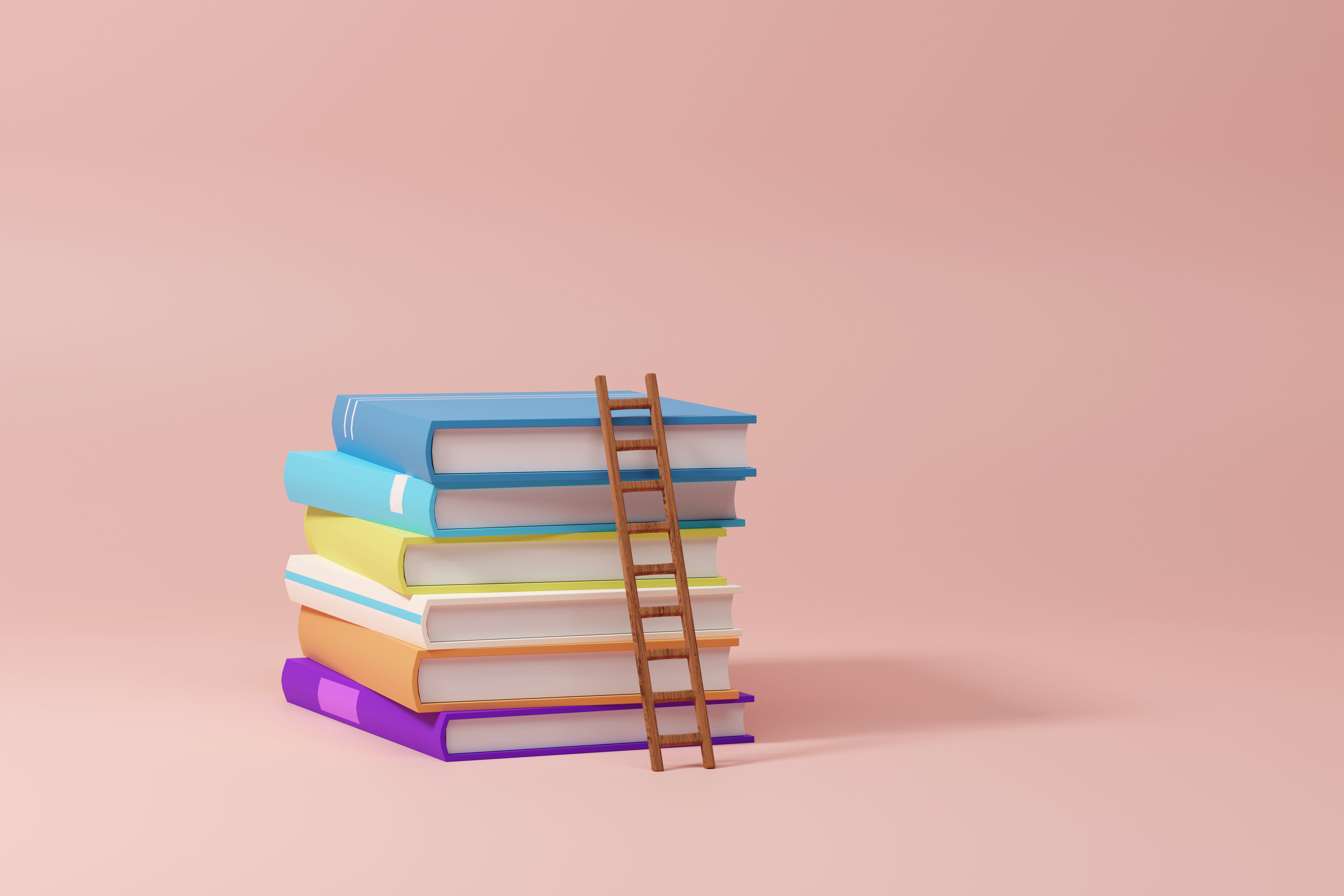 A stack of books on row with little ladder on colorful background.