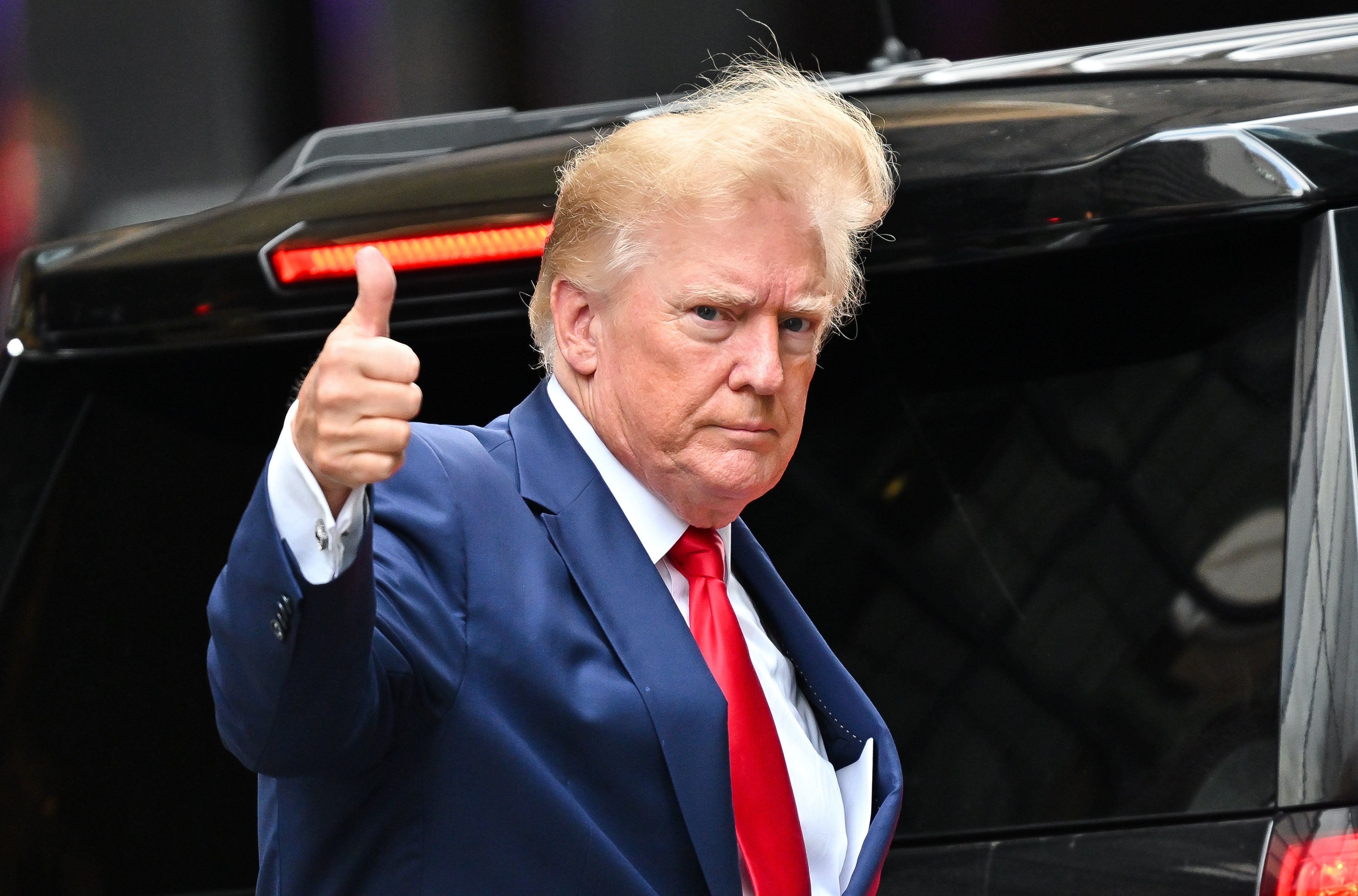  Former U.S. President Donald Trump leaves Trump Tower to meet with New York Attorney General Letitia James for a civil investigation on August 10, 2022 in New York City.
