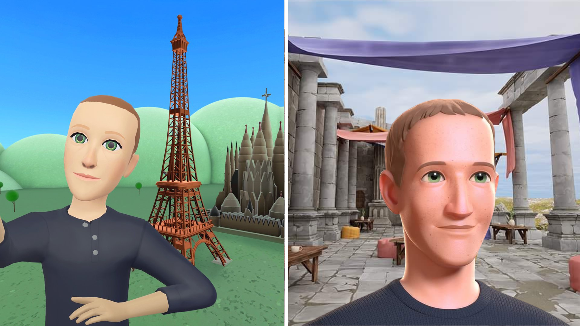 A composite of two photos: On the left, Zuckerberg’s dead-eyed selfie. On the right, a “yassified” version of him that looks more like an expensive Pixar character can be seen from the shoulders up. Behind. him is a gray expanse of Roman-esque ruins.