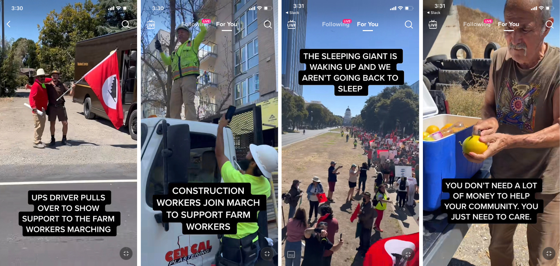 Four screenshots of TikTok videos. The first is a member of the march posing with a uniformed UPS worker holding a United Farm Workers flag. The second is a construction worker standing on top of a truck cheering for the march. The third is a photo of a long line of protesters with the California state capitol in the background. The fourth is an older man handing out sliced oranges to marchers from the back of his truck.