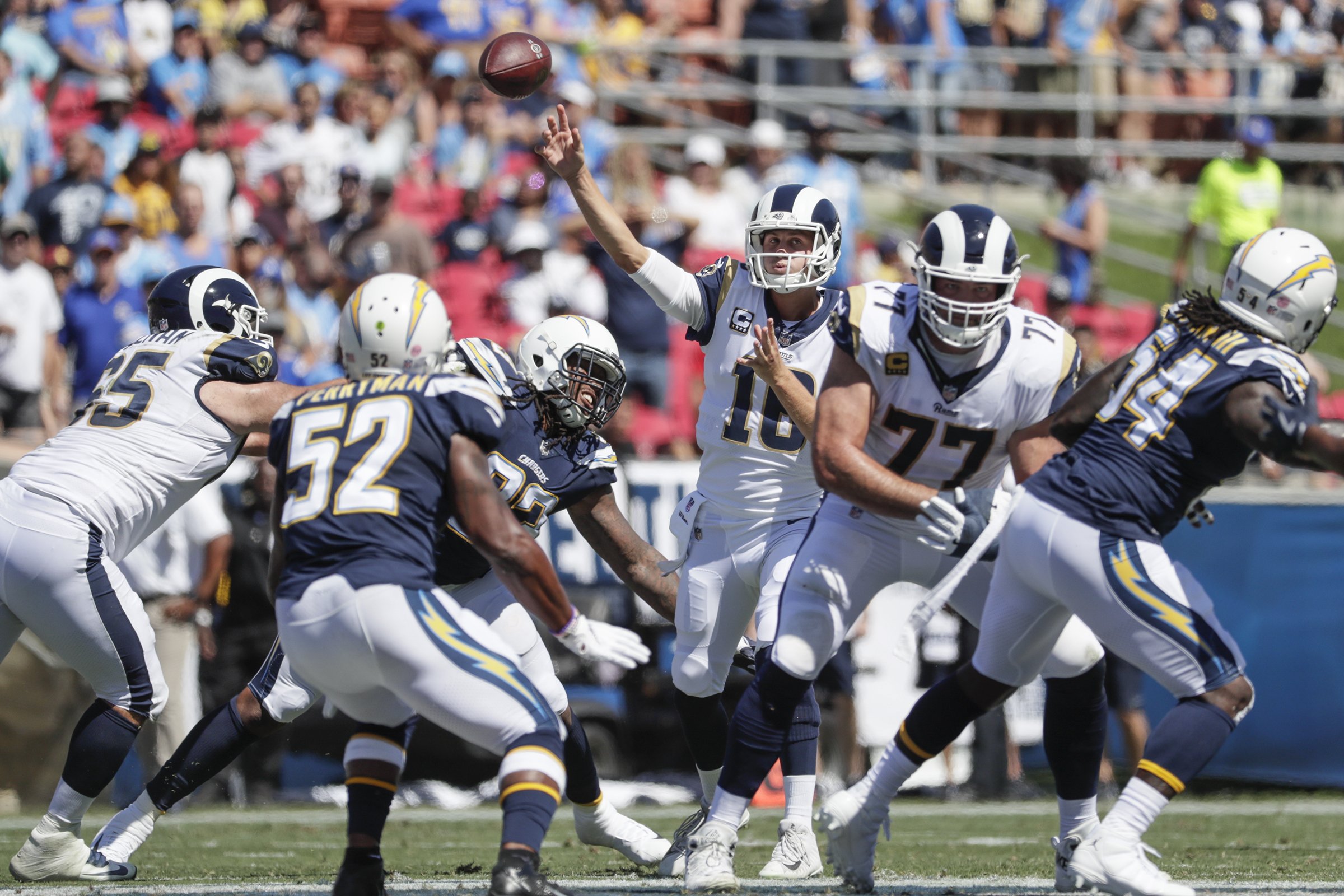 The Los Angeles Rams play football against the Chargers
