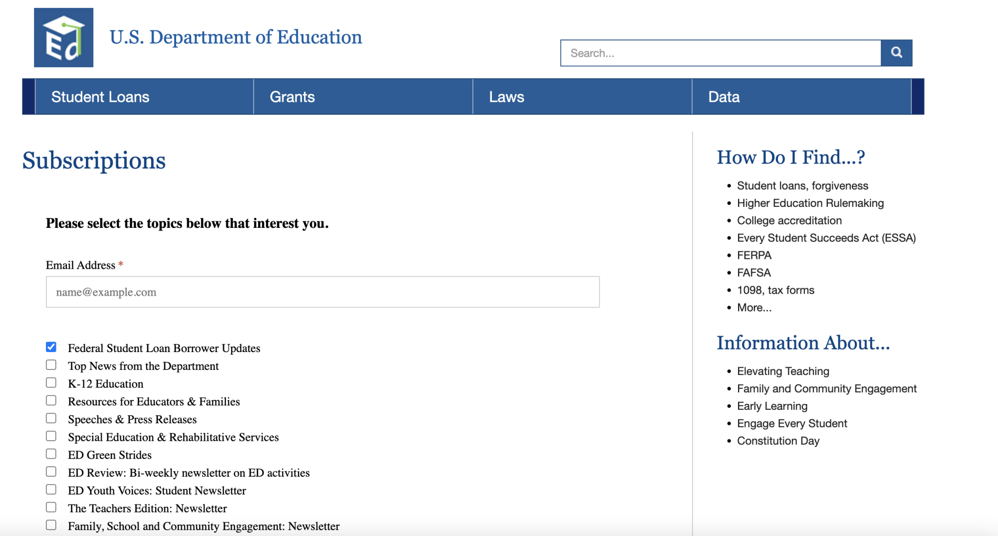 A screenshot of the U.S. Department of Education subscription site. Below a box to submit your email, there is blue check mark next to the option "Federal Student Loan Borrower Updates".