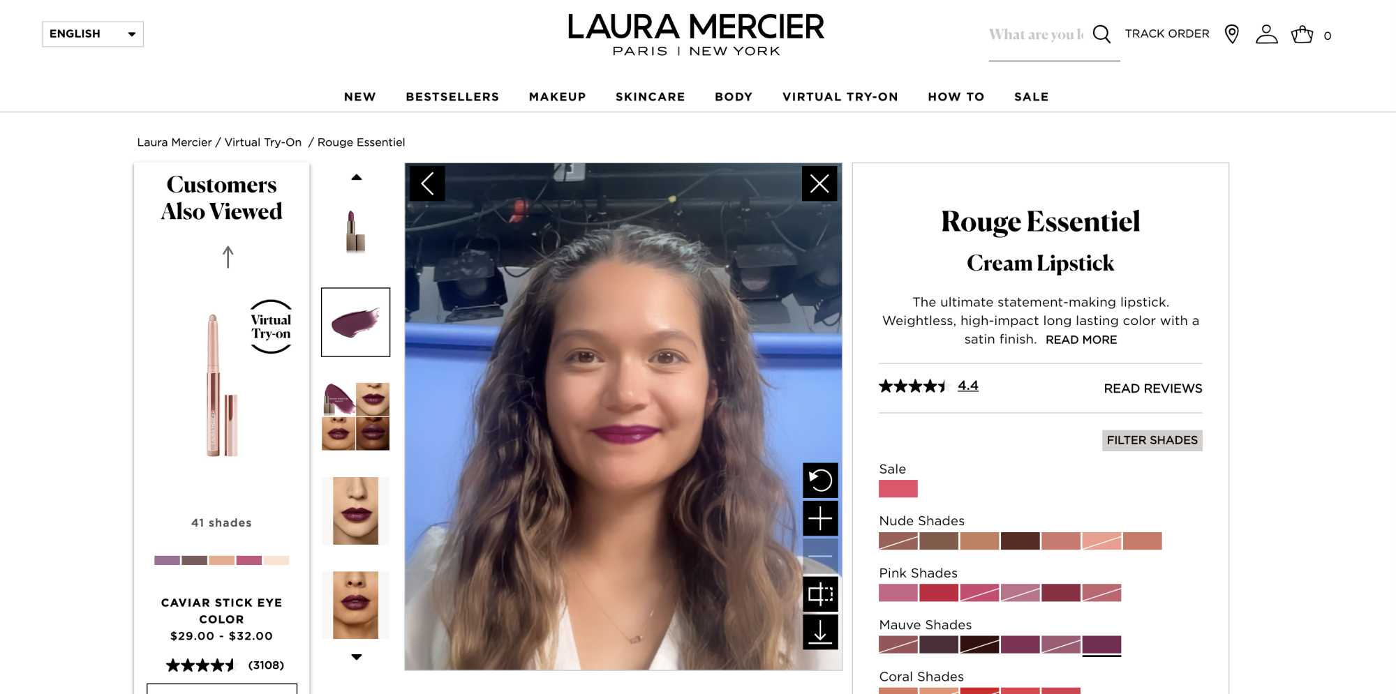 Screenshot of the online product page for Laura Mercier's lipstick, which shows Jennimai virtually wearing a shade of purple lipstick next to various color options.