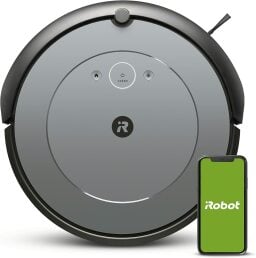 iRobot Roomba i2 robot vacuum and smartphone with green iRobot screensaver