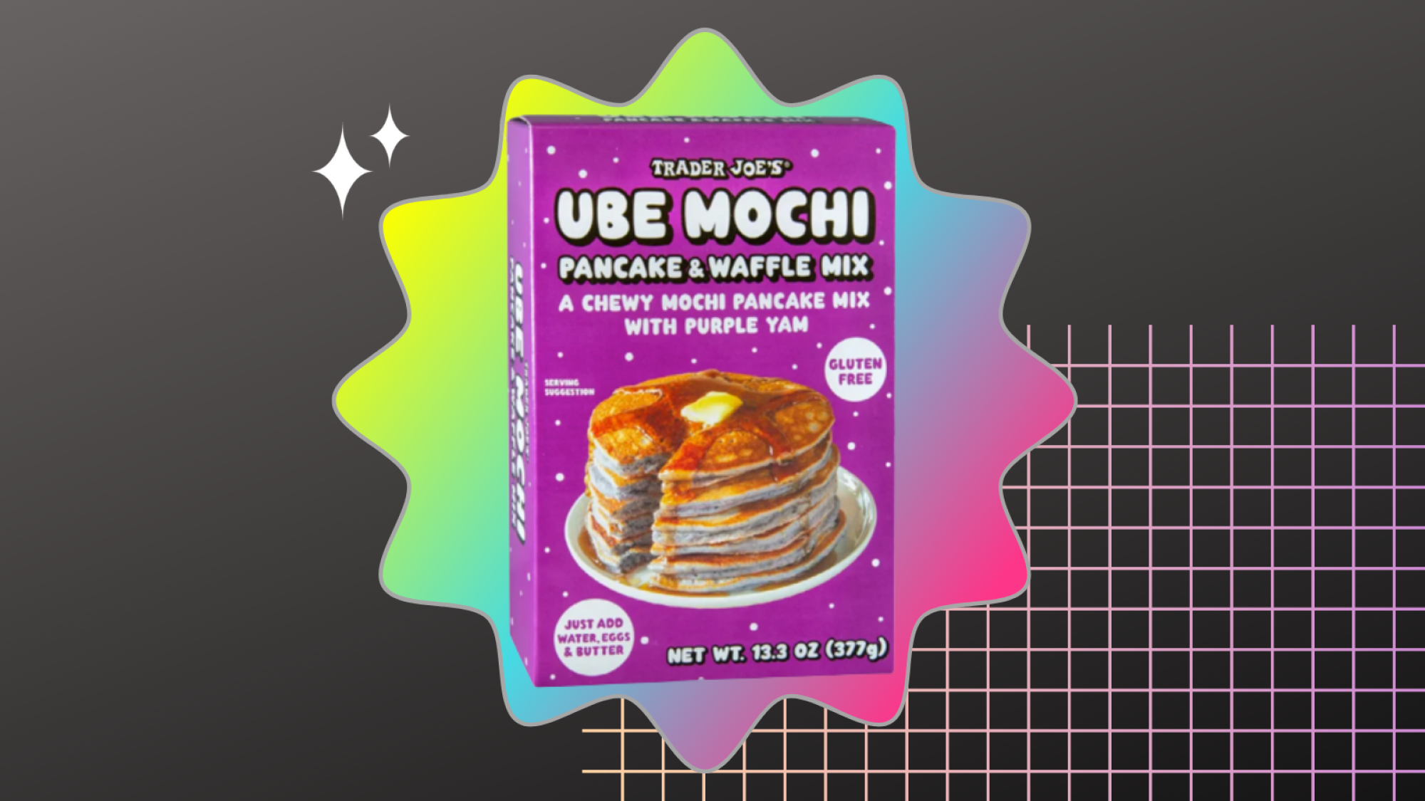 Trader Joe's pancake mix on gray graphic with colorful shapes