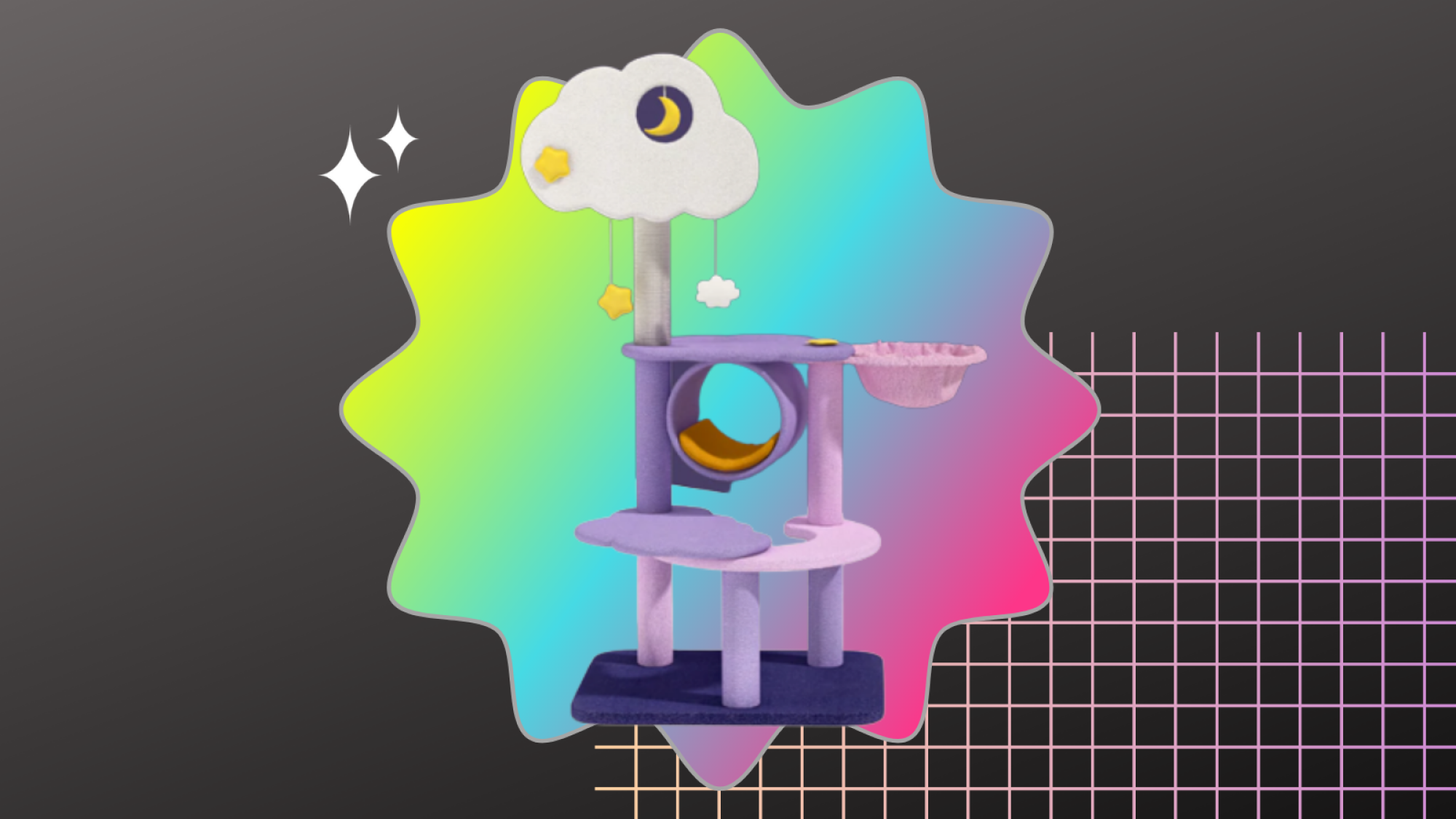 Sky-themed cat tree on gray graphic with colorful shapes