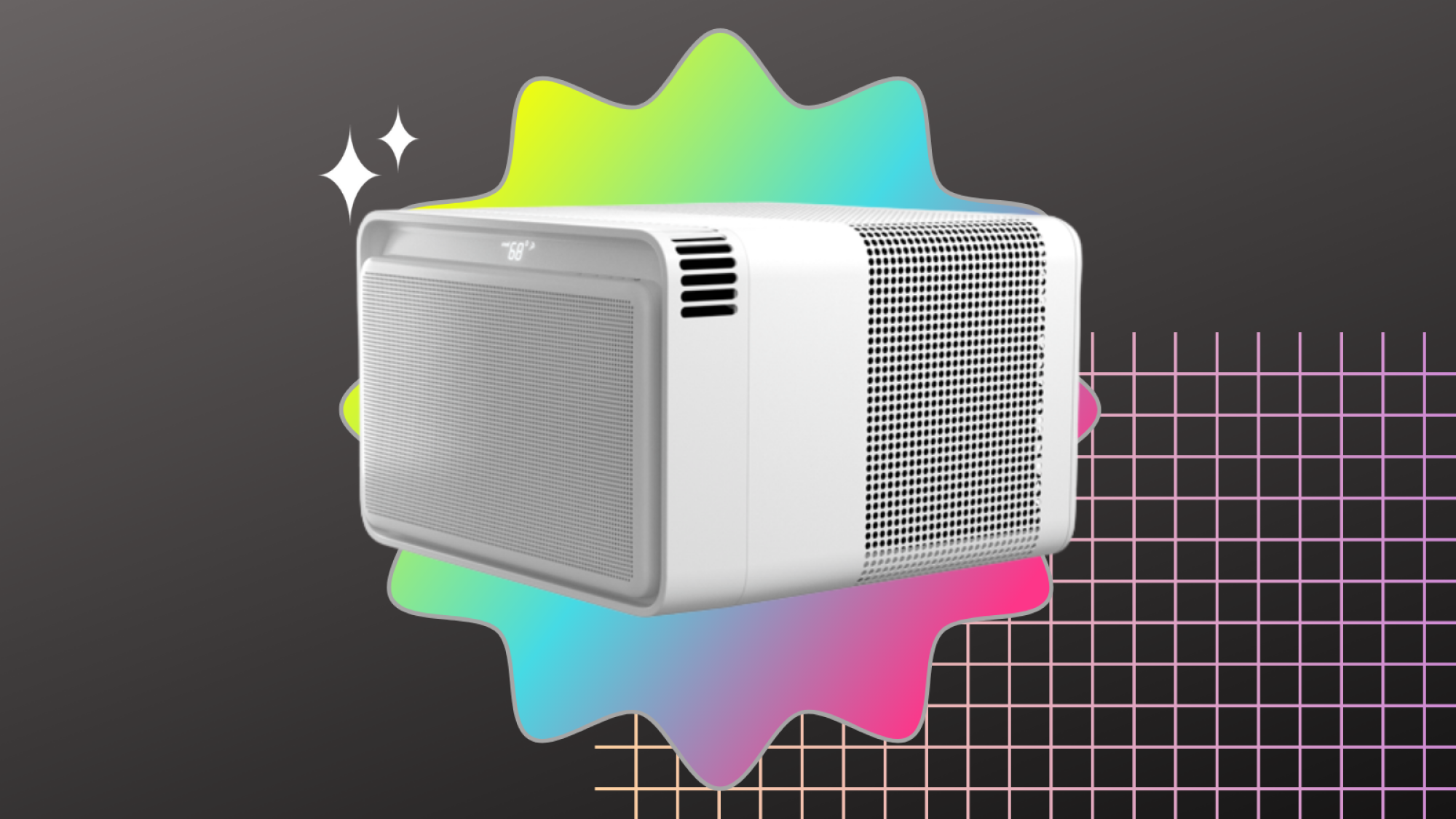 Windmill air conditioning unit on gray graphic with colorful shapes