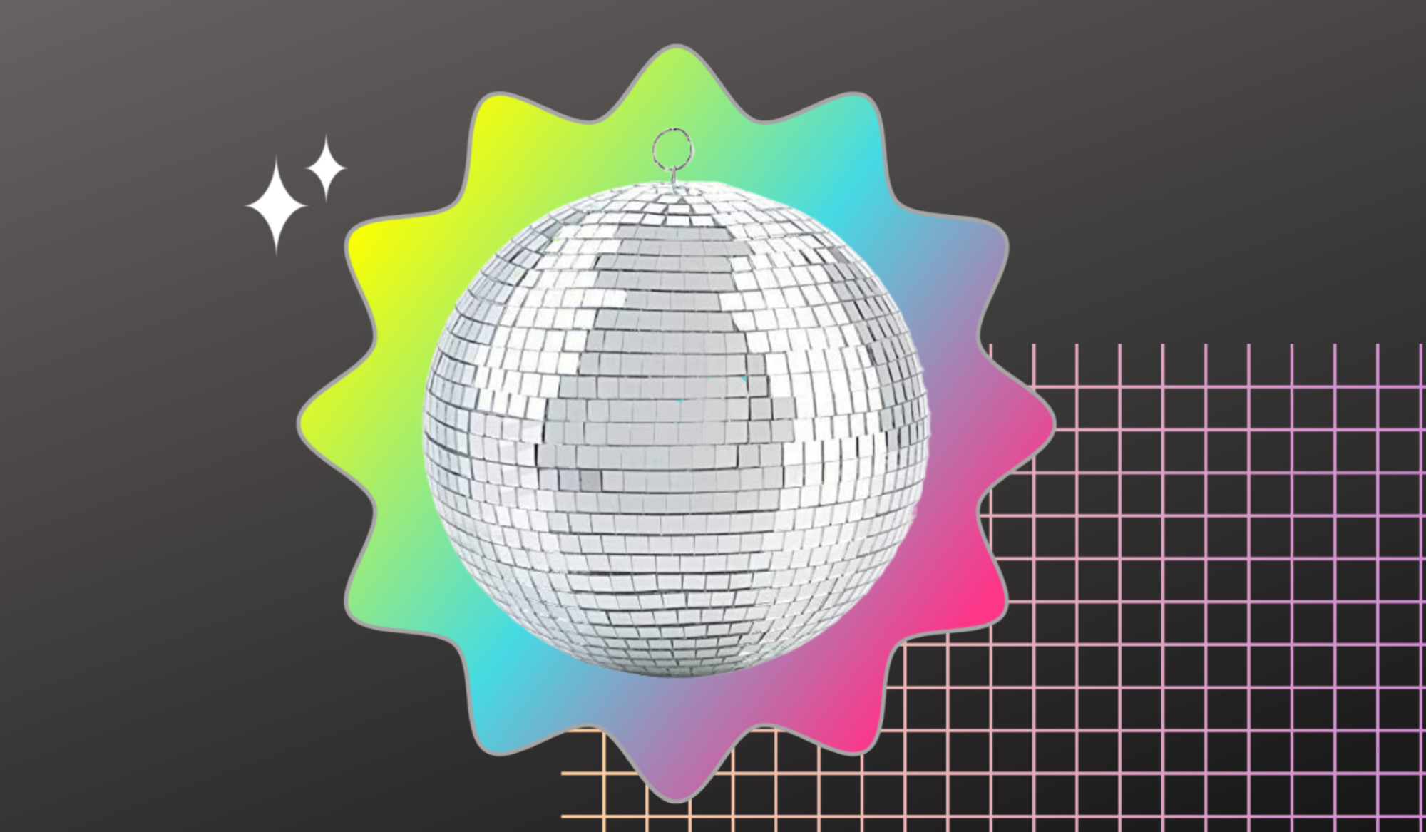 Disco ball on gray graphic with colorful shapes