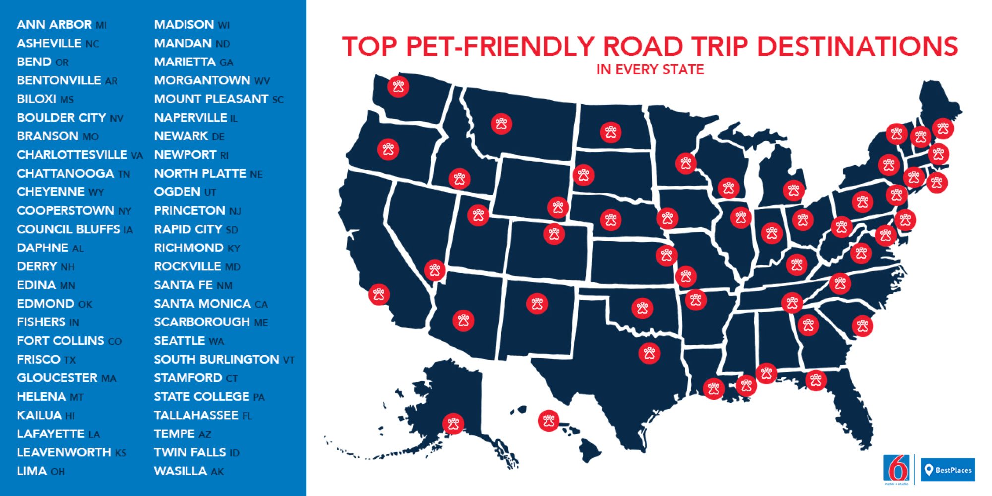 infographic of all pet-friendly Motel 6 locations in the US