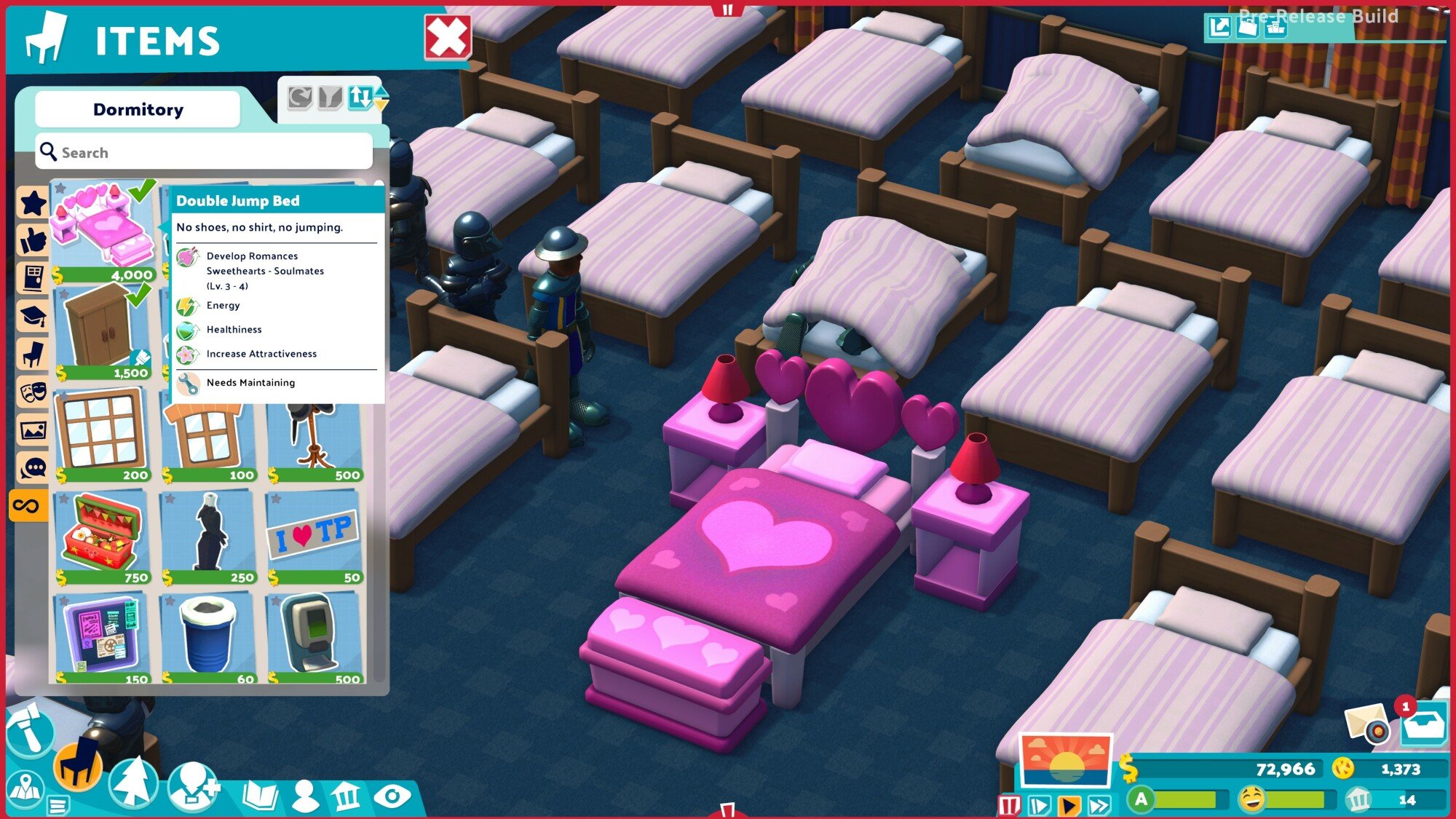 A screenshot of the Double Jump Bed in "Two Point Campus." It is surrounded by other beds.