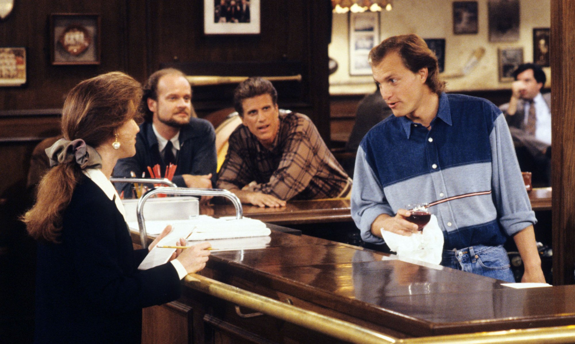 Shelley Long, Kelsey Grammer, Ted Danson, and Woody Harrelson in "Cheers"