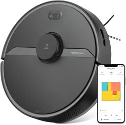 Roborock S6 Pure robot vacuum and smartphone with map on screen