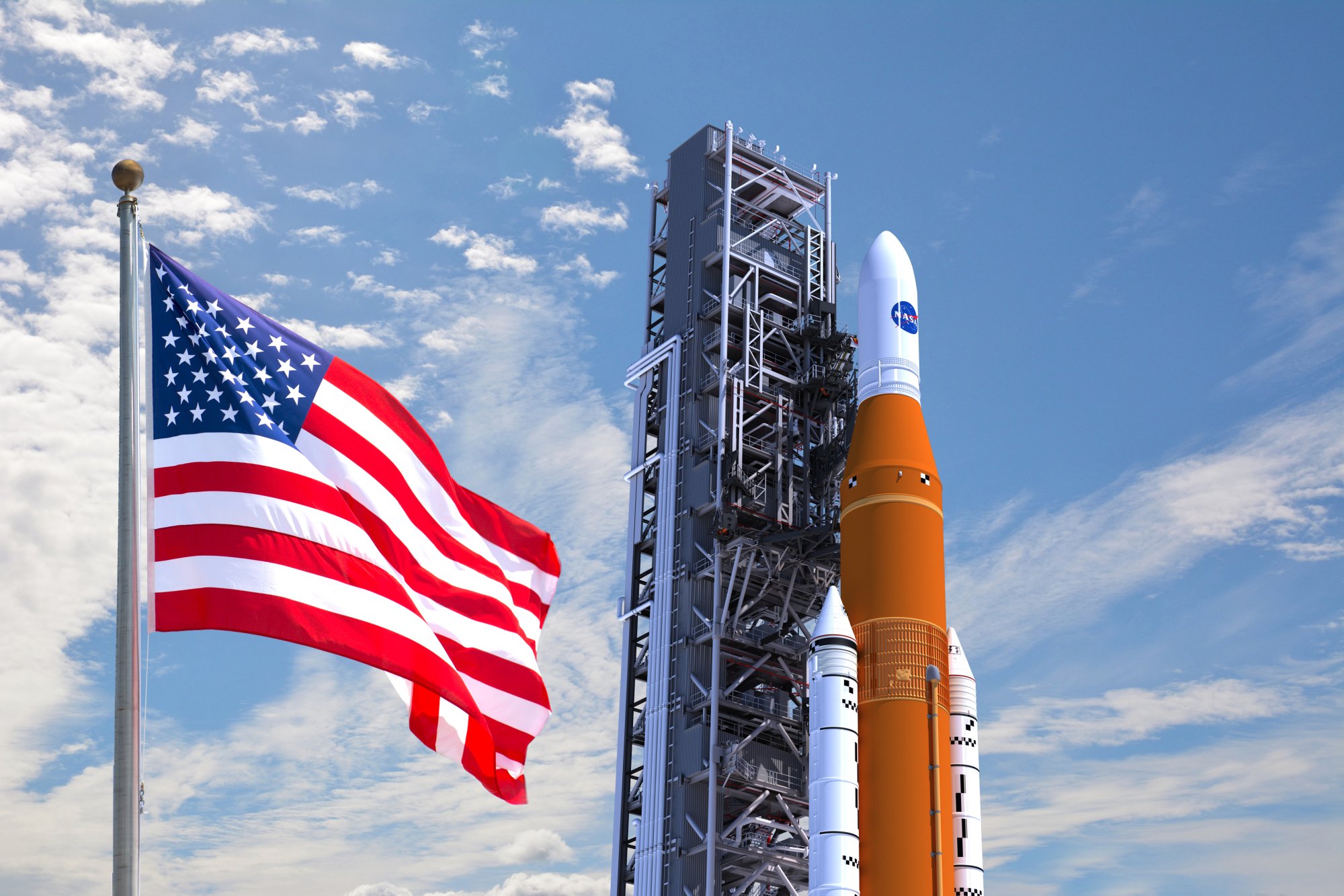 NASA's rocket soaring above the American flag