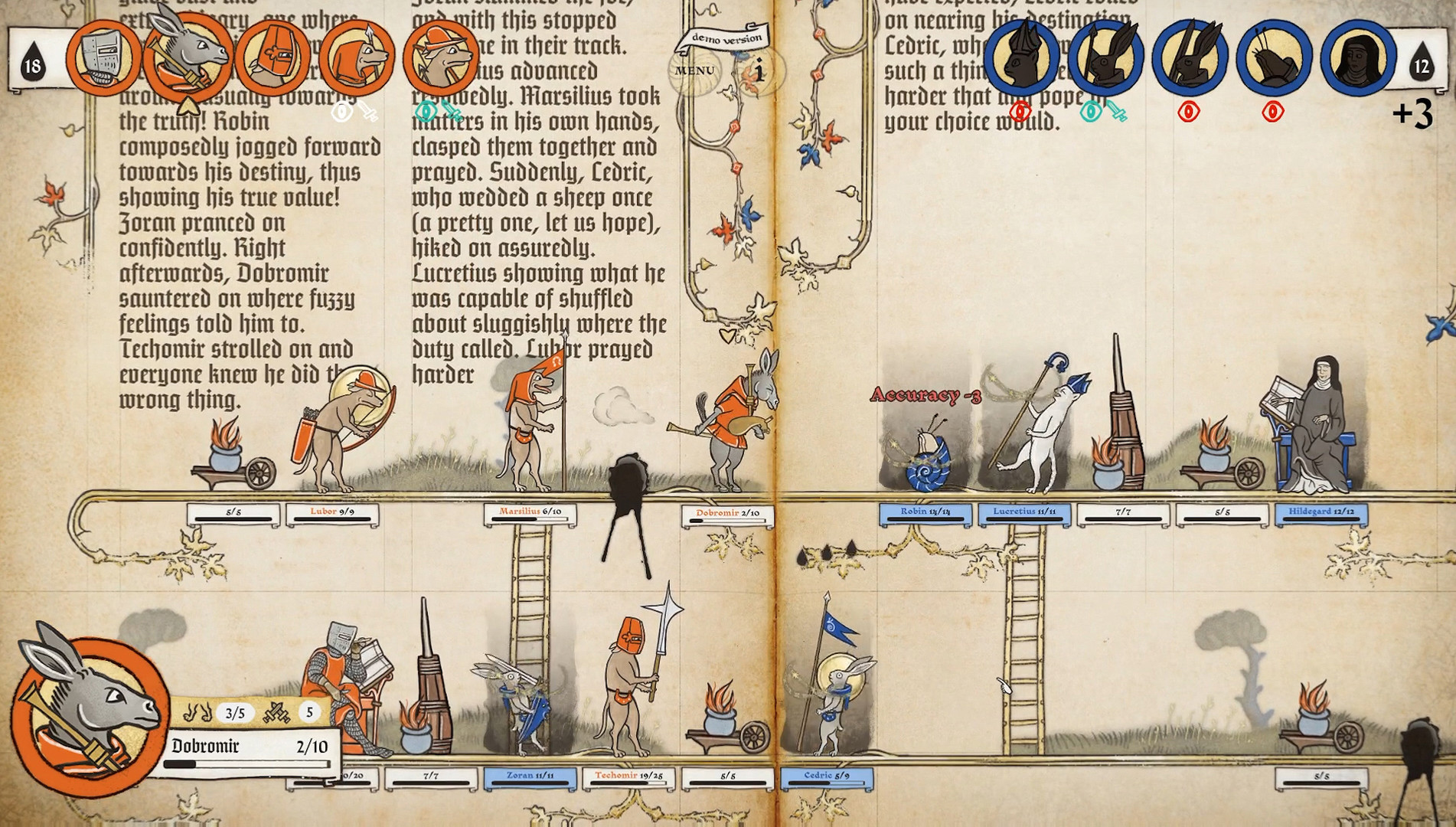 Image of medieval marginalia creatures battling in game Inkulinati. They are illustrated in a style like an illuminated manuscript.