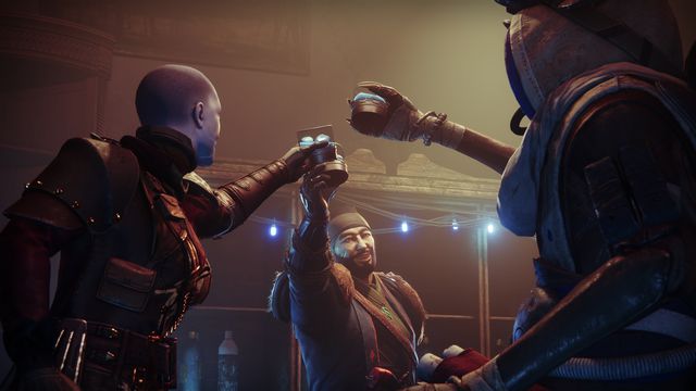 The Drifter, Eido, and the Guardian all take a drink in Destiny 2: Season of Plunder