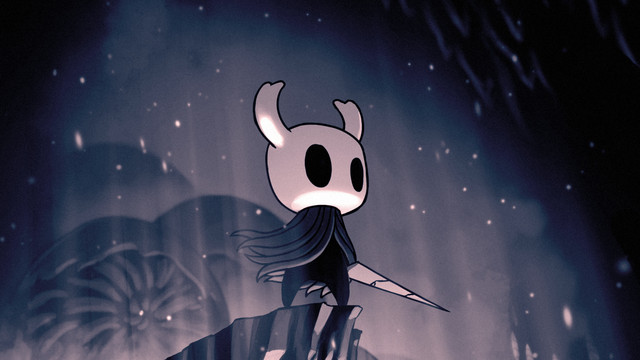 A bug with a skeletal looking head, called the Knight, is standing at the edge of a cliff, overlooking the darkness.