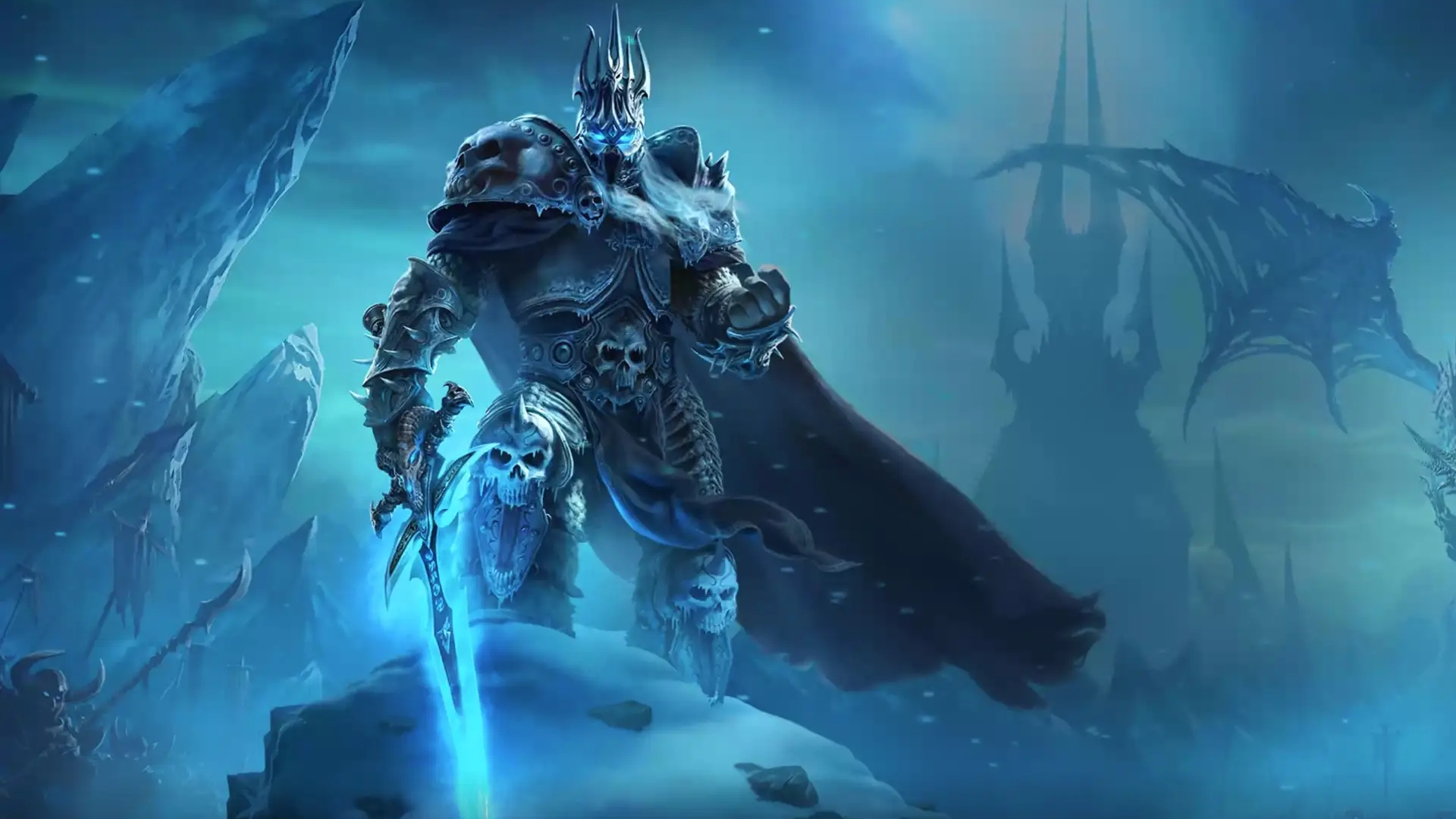 Wrath Classic fresh start servers - The Lich King stands in front of Icecrown Citadel holding his sword, Frostmourne