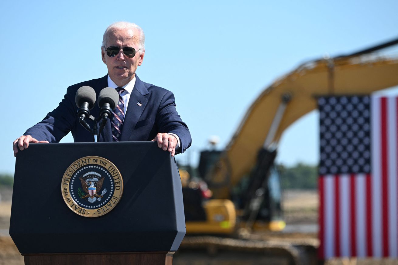 President Joe Biden speaks after groundbreaking for Intel’s $20 billion semiconductor plant