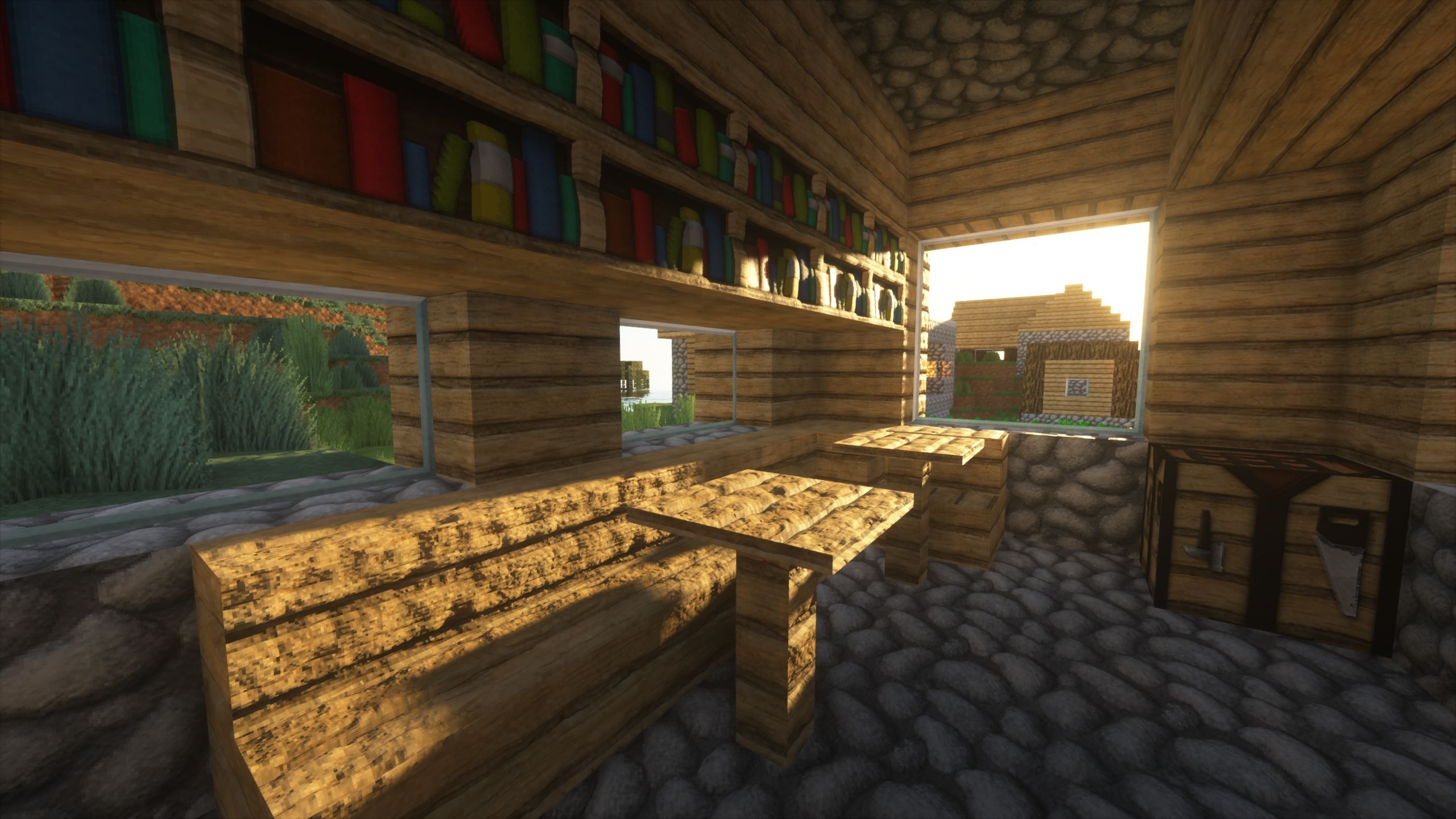 Minecraft shaders - the inside of a village house with the sun setting through a window and casting shadows