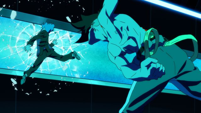 An anime character punches another character into a screen, leaving a glass crater.