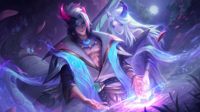 League of Legends - Spirit Blossom Aphelios, a contemplative young man with long robes reaching into a pool of mythical water. He is attended by the spirit of his sister; her horns are mirrored to his.
