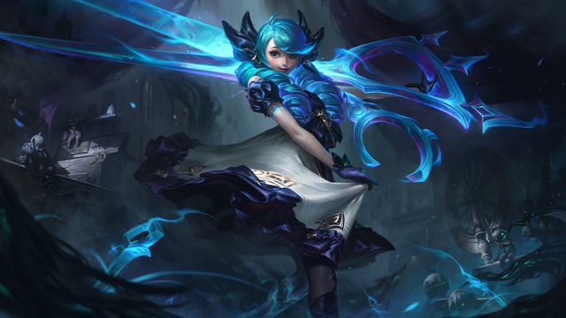 League of Legends - Gwen, a living doll with bright blue hair and a white and black dress, swirls her skirts around a scary undead scene. She hoists a pair of giant, spectral scissors over her shoulder. She looks very cute and innocent despite her doll stitches, mismatched eyes, and gothic dress.