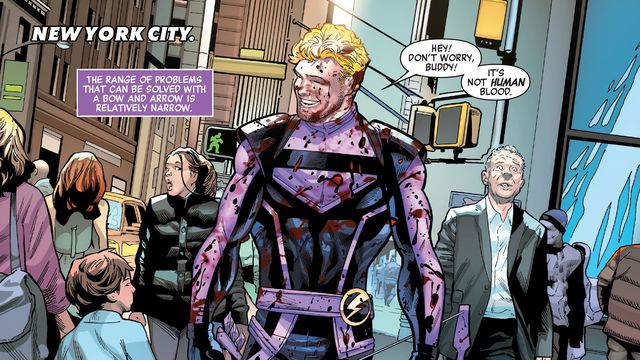 Hawkeye, his costume covered in blood, walks cheerfully through New York City. “Hey! Don’t worry, buddy!” he says to a nearby child, “It’s not human blood.” in Avengers #60 (2022).