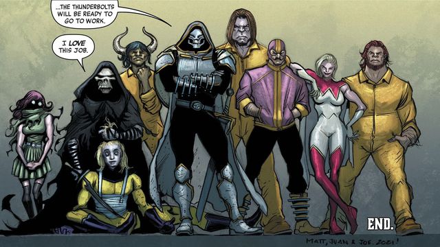 A line up of nine Marvel supervillains, including Taskmaster and Batroc the Leaper in King in Black: Thunderbolts&nbsp;#3 (2021).