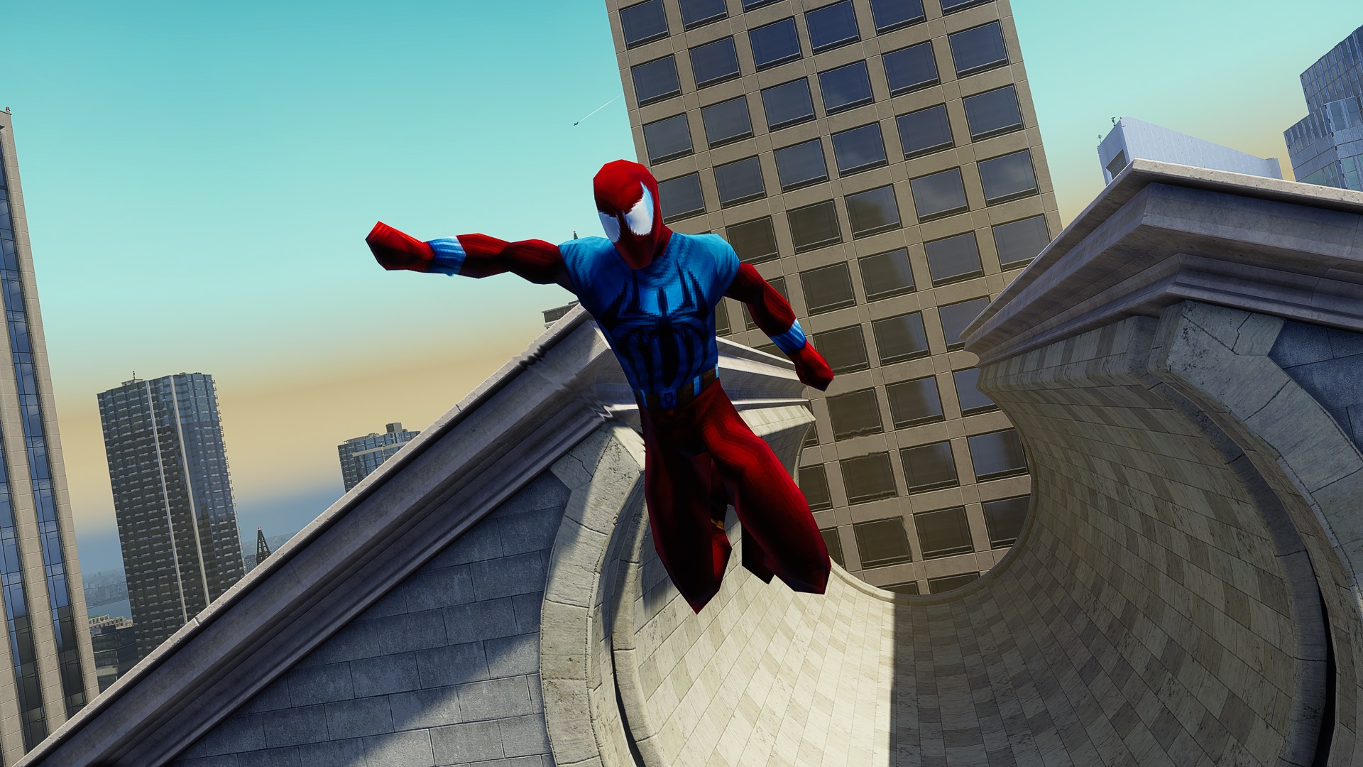 Spider-Man in Ben Reilly cutoff hoodie and red suit costume swinging near distinctive bank building.