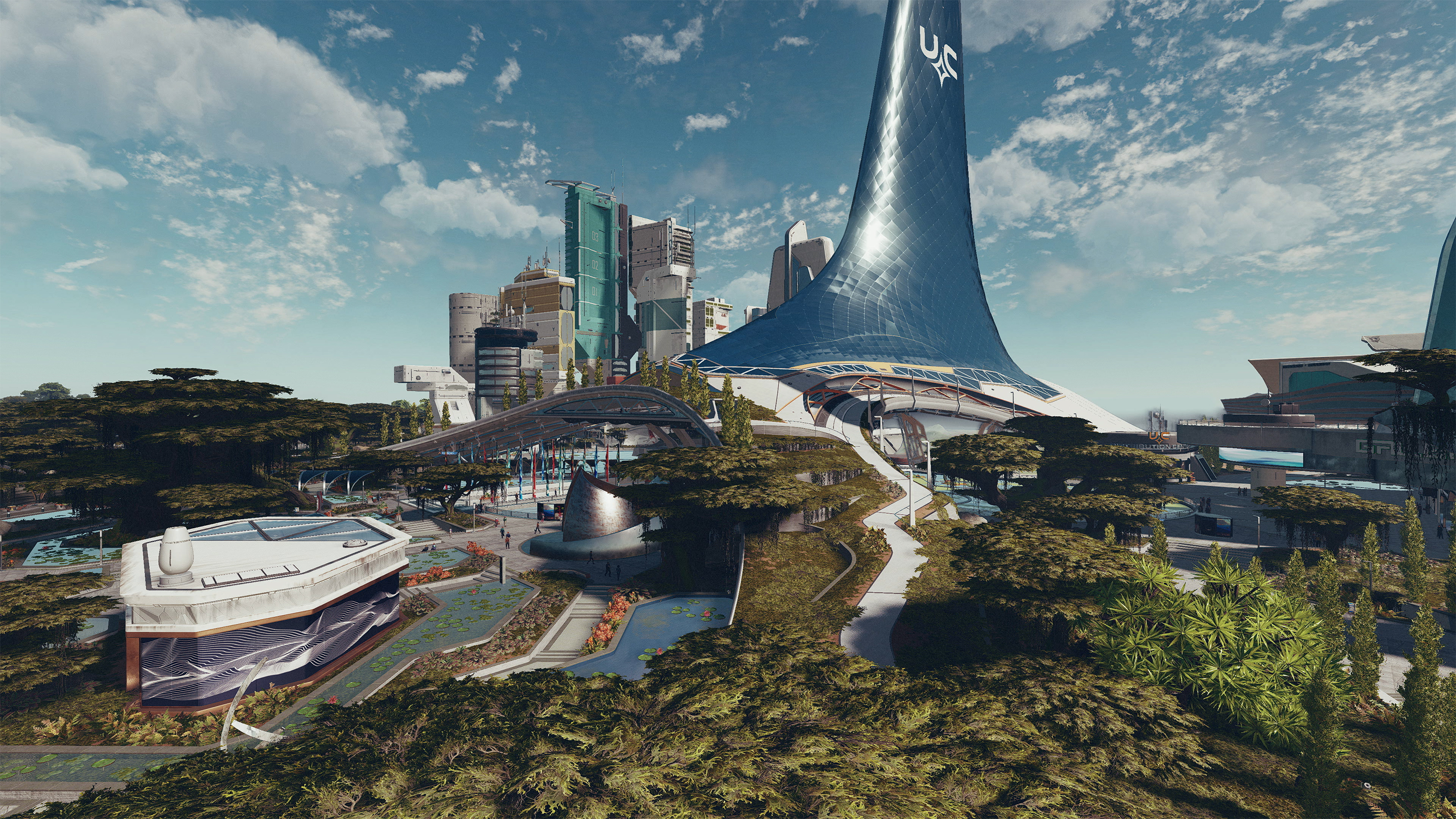 Starfield - New Atlantis: a futuristic city of glass buildings surrounded by manicured foliage.