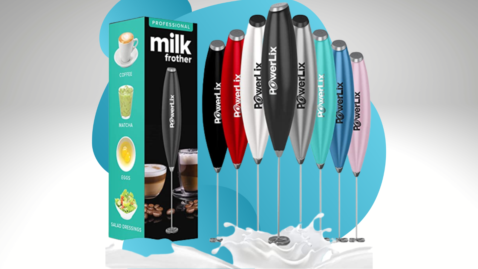 powerlix milk frothers in a variety of colors with gray and blue background