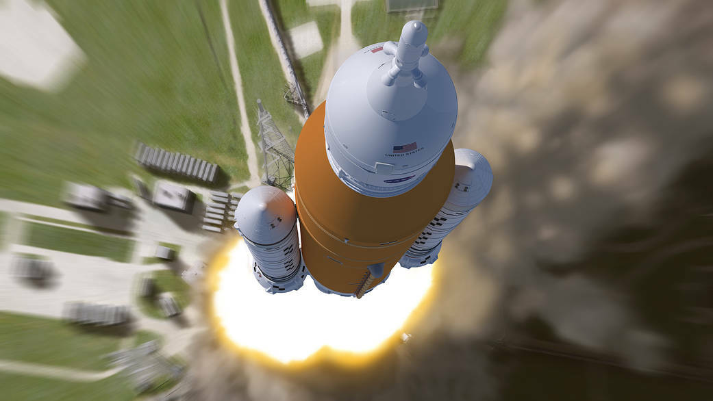the SLS rocket blasting into space