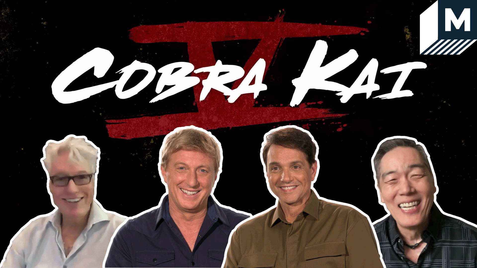 Cobra Kai cast smiling in front of the Cobra Kai poster